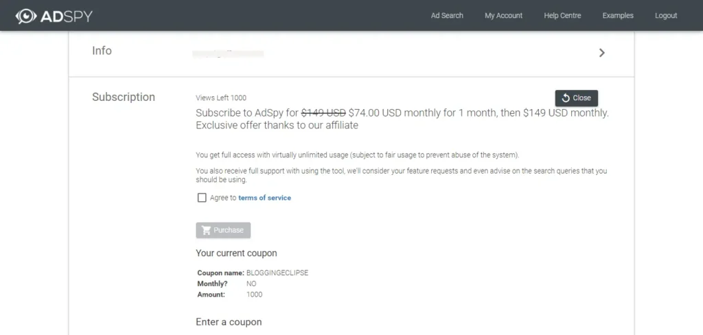 AdSpy checkout page