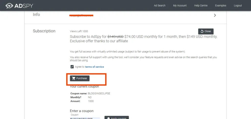 AdSpy coupon- checkout page